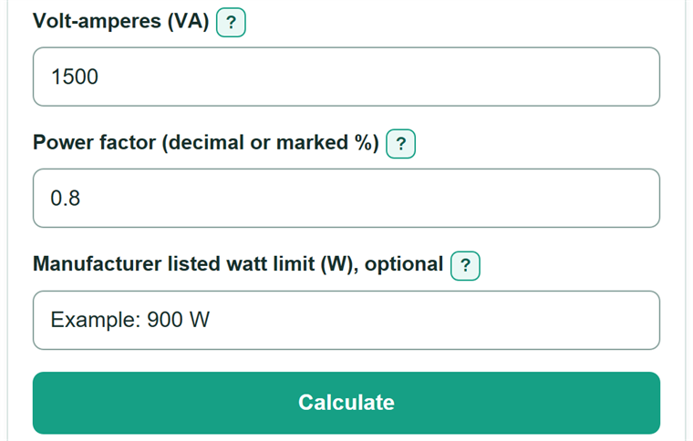 Example inputs for VA to Watts Calculator