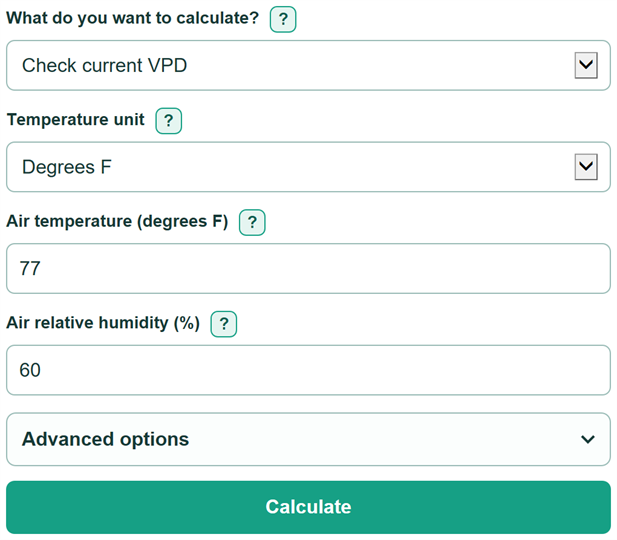 Example inputs for Vapor Pressure Deficit Calculator