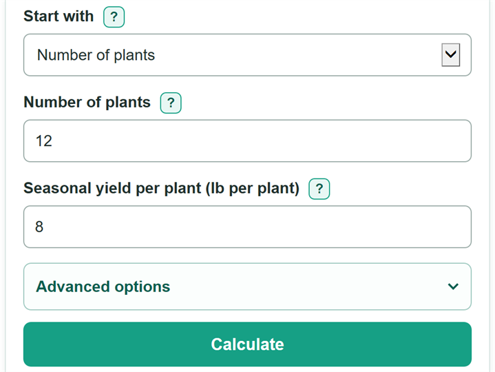 Example inputs for Vegetable Yield Calculator