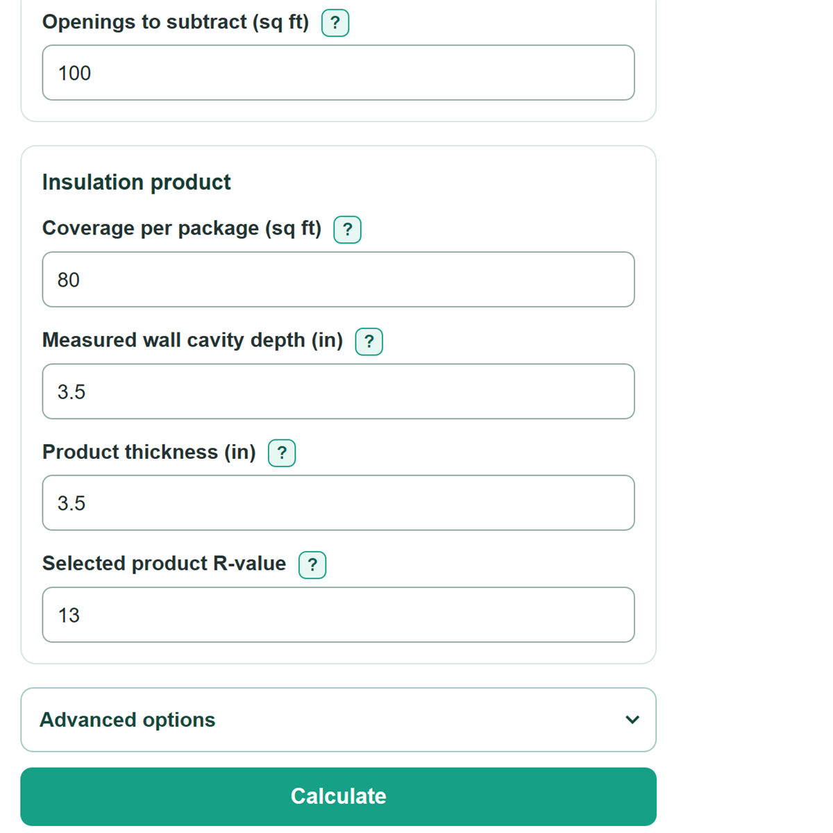 Example inputs for Wall Insulation Calculator