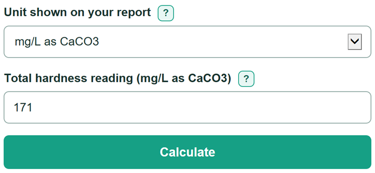 Example inputs for Water Hardness Calculator