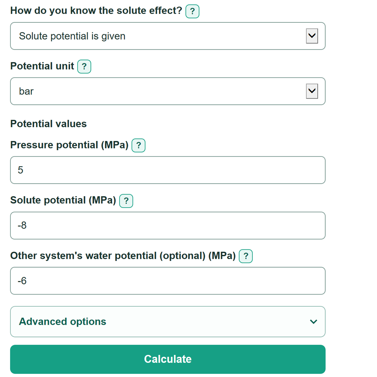 Example inputs for Water Potential Calculator