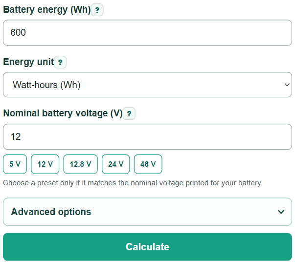 Example inputs for Watt Hours to Amp Hours Calculator