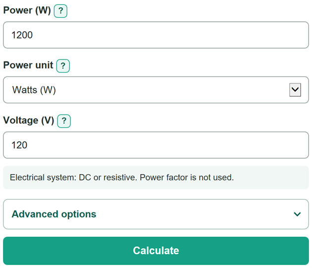 Example inputs for Watts to Amps Calculator