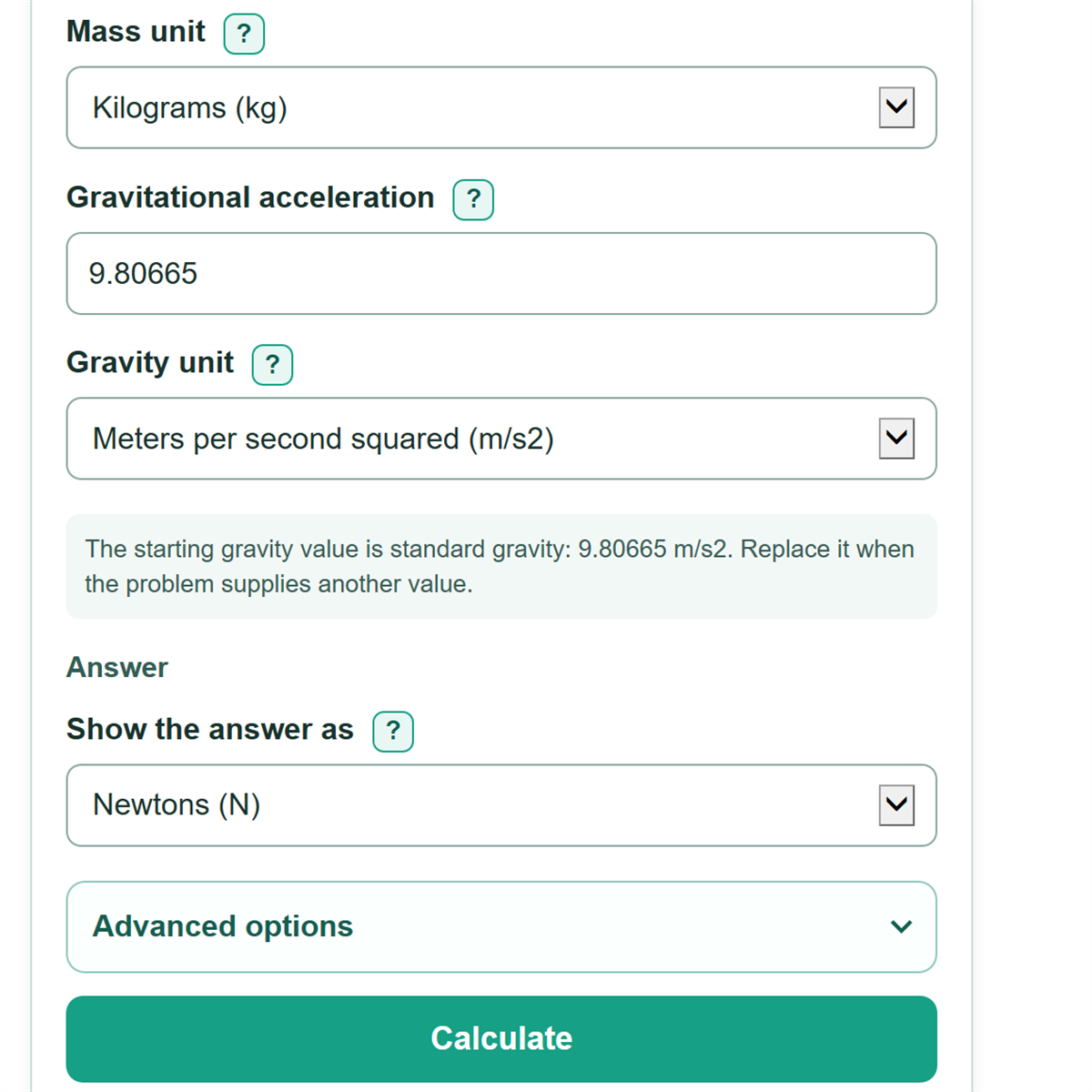 Example inputs for Weight Calculator