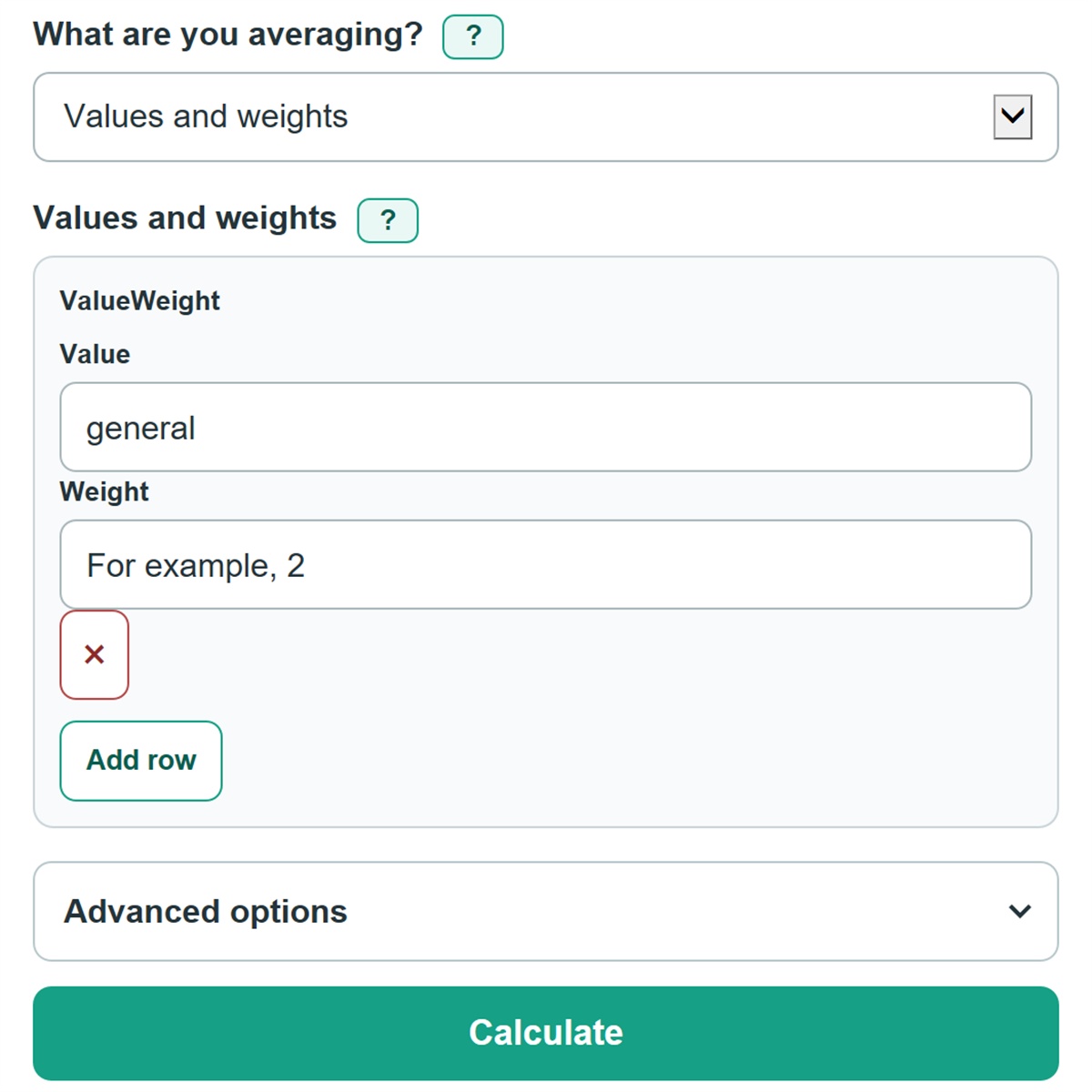 Example inputs for Weighted Average Calculator