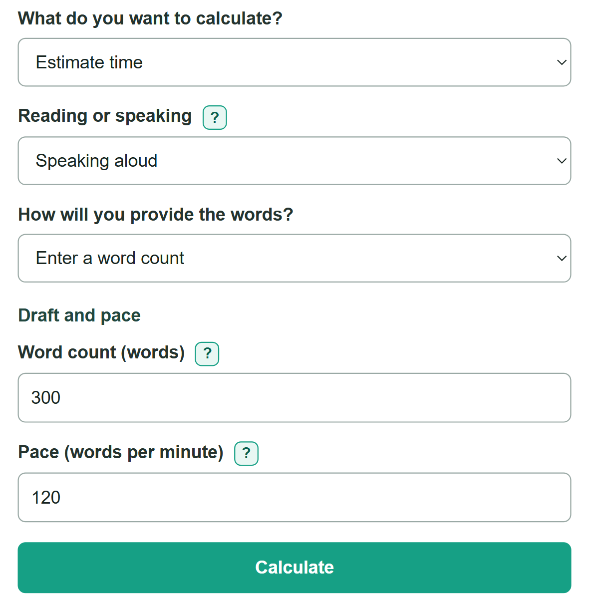Example inputs for Words to Minutes Calculator