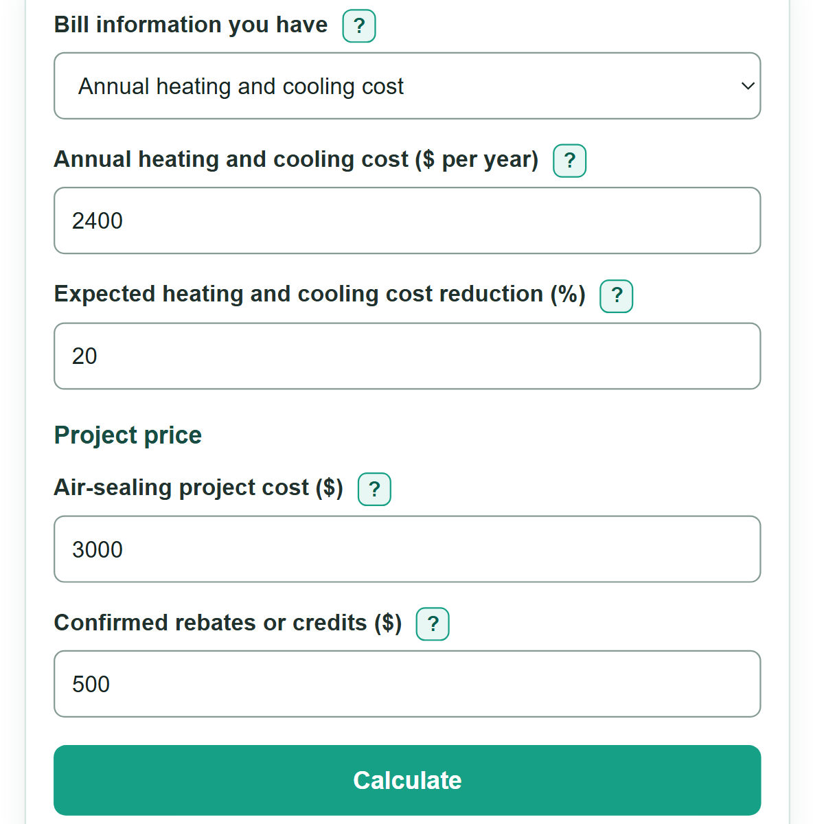 Example inputs for Air Sealing Savings Calculator