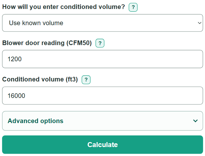 Example inputs for Blower Door Test Calculator