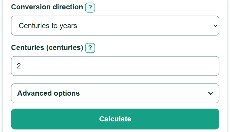 Example inputs for Century to Years Calculator