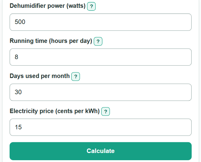 Example inputs for Dehumidifier Running Cost Calculator