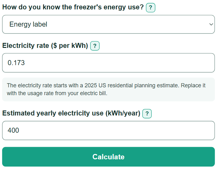 Example inputs for Freezer Running Cost Calculator
