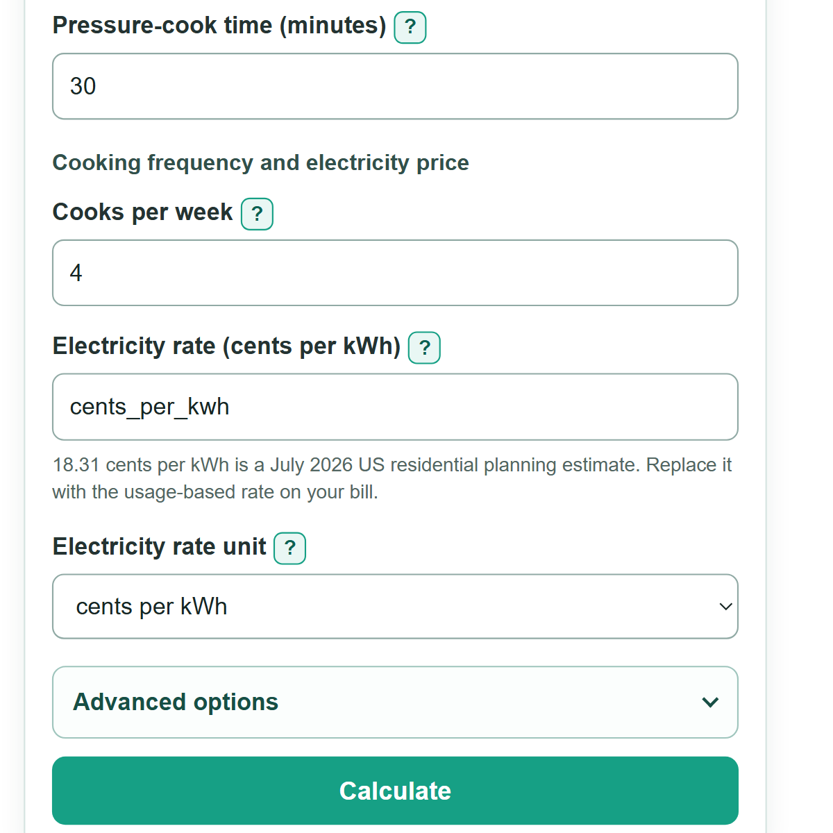 Example inputs for Instant Pot Running Cost Calculator