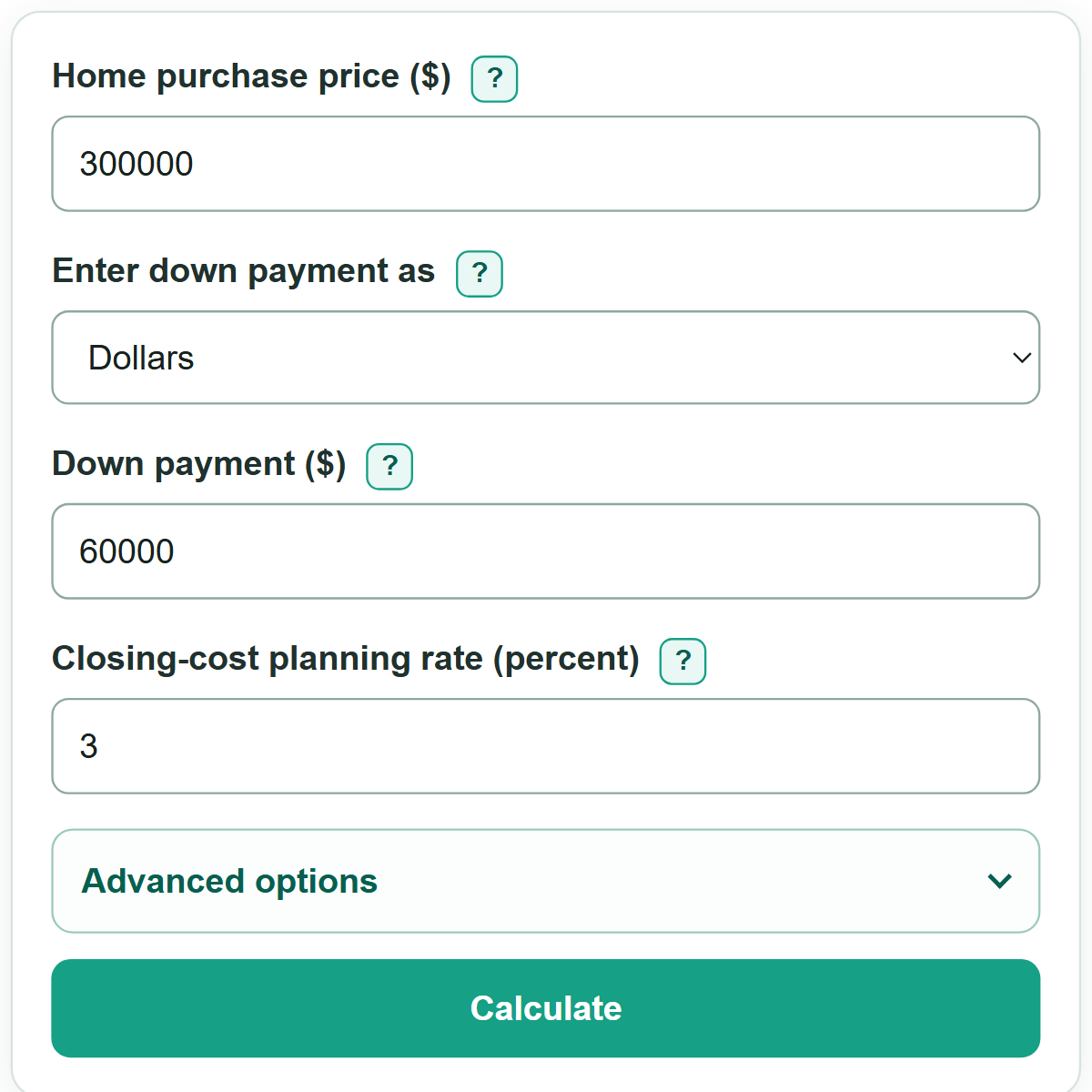 Example inputs for Mortgage Closing Costs Calculator