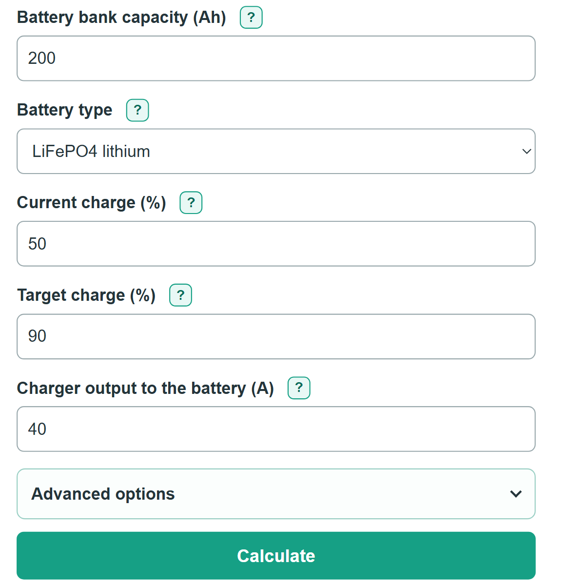 Example inputs for RV Battery Charge Time Calculator