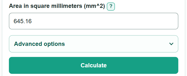 Example inputs for Square Millimeters to Square Inches Converter
