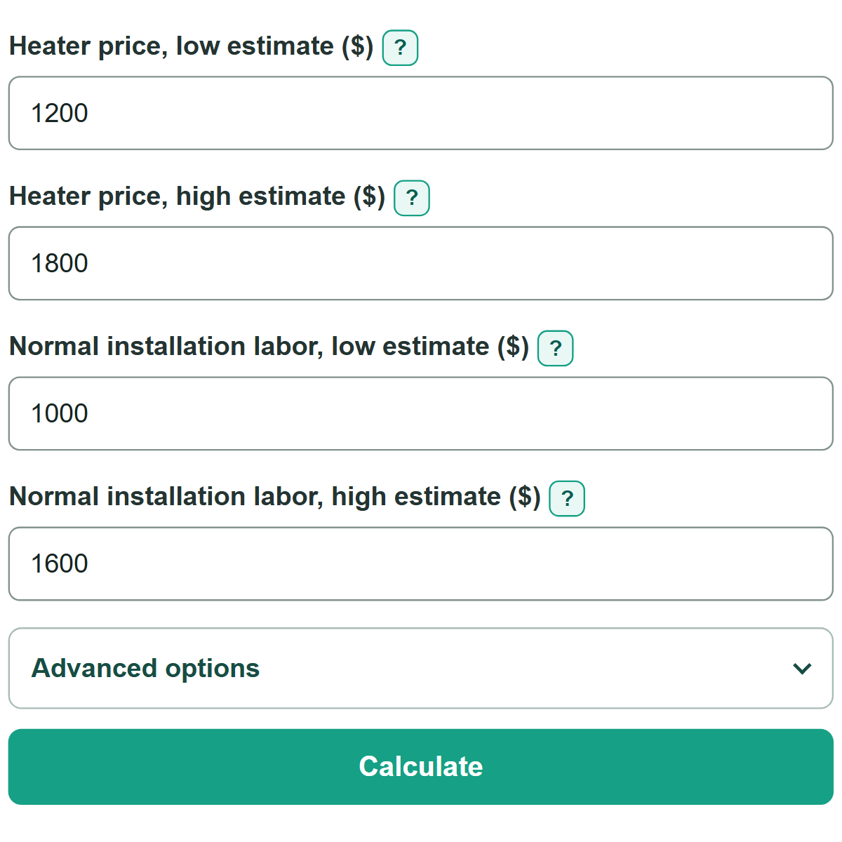 Example inputs for Tankless Water Heater Cost Calculator