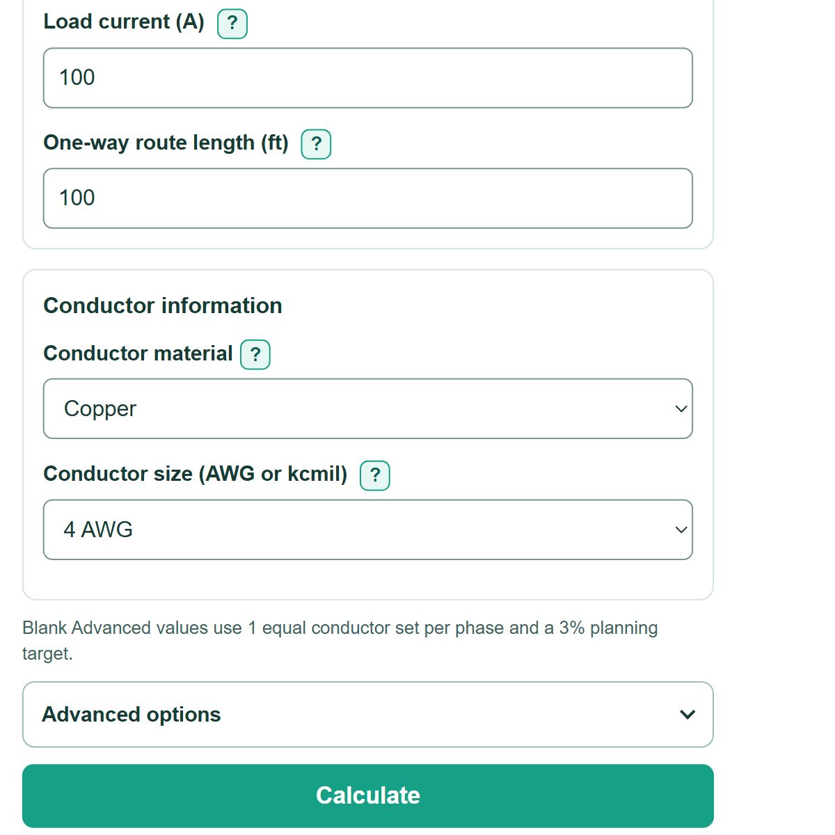 Example inputs for Three Phase Voltage Drop Calculator